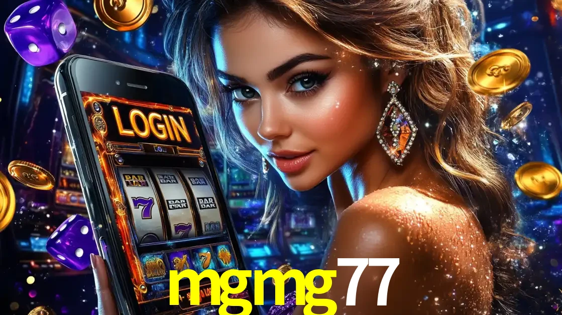 Mulher glamorosa segurando um smartphone com a tela de login para os jogos de caça-níqueis do cassino online mgmg77, com moedas de ouro e dados ao redor.