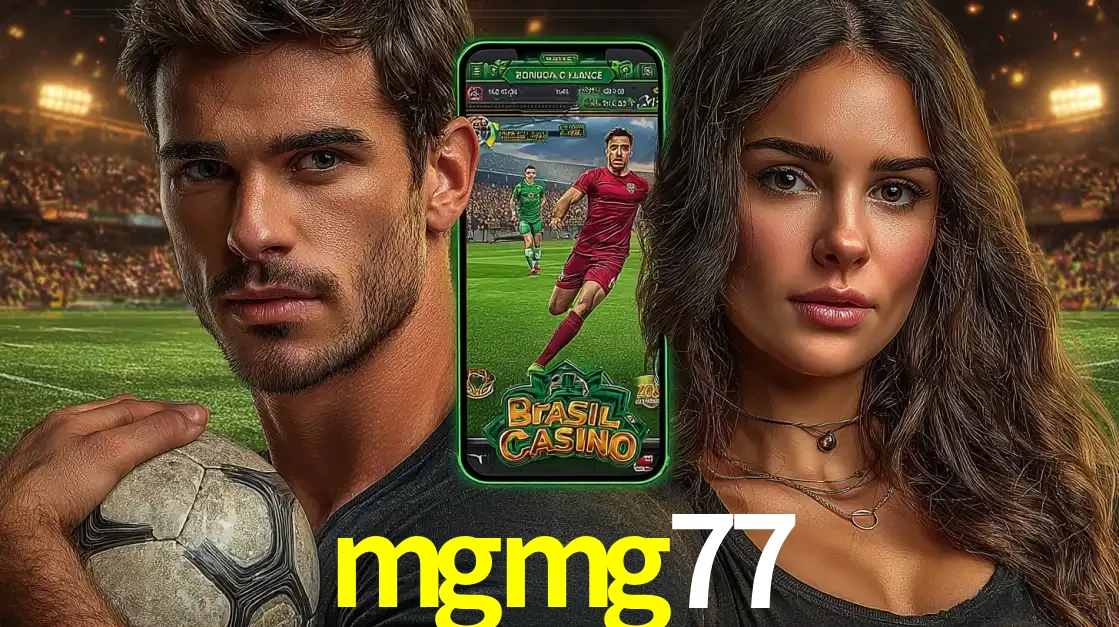 Homem segurando uma bola de futebol e uma mulher ao lado de um smartphone exibindo o jogo de apostas esportivas da mgmg77. Faça seu palpite no cassino online.